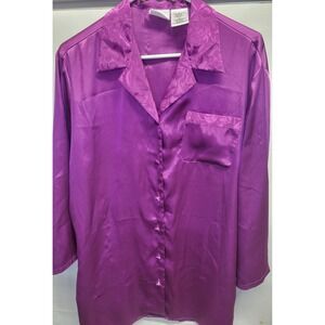 Secret Treasures Womens Purple Satin Pajama Top Floral Trim Button Front Size M